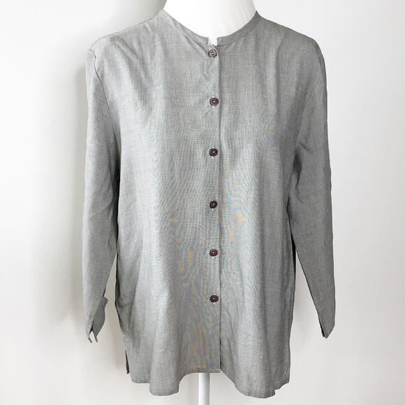 Sangam Top Size Medium Grey  Lagenlook Mandarin Collar Button Front - Picture 1 of 4